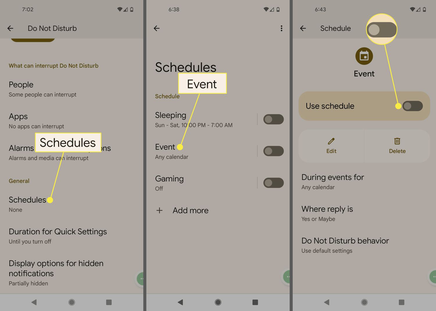 Schema's, Evenementen en Gebruik schema Aan-schakelaar gemarkeerd in Android Niet storen-instellingen
