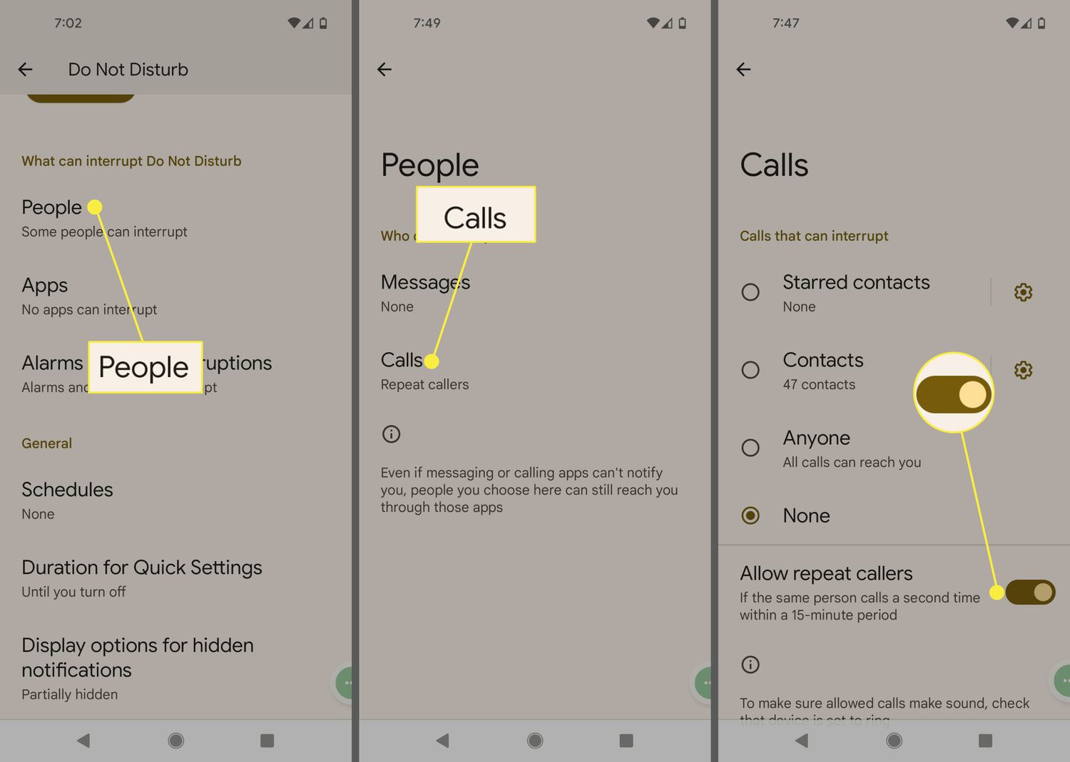 Personen, Oproepen en Terugkerende bellers toestaan ​​zijn gemarkeerd in Android-instellingen Niet storen