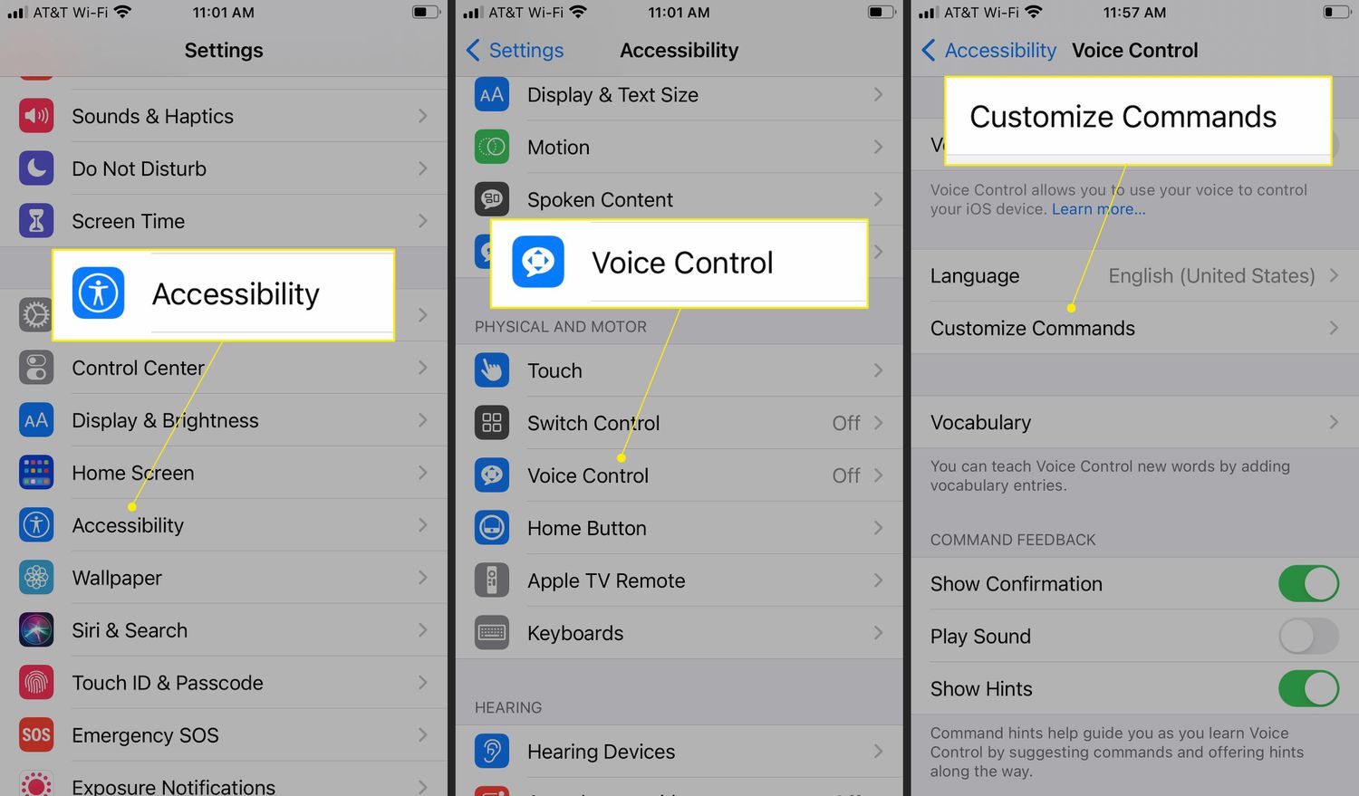 iPhone-instellingen met toegankelijkheid, spraakbesturing en opdrachten aanpassen gemarkeerd