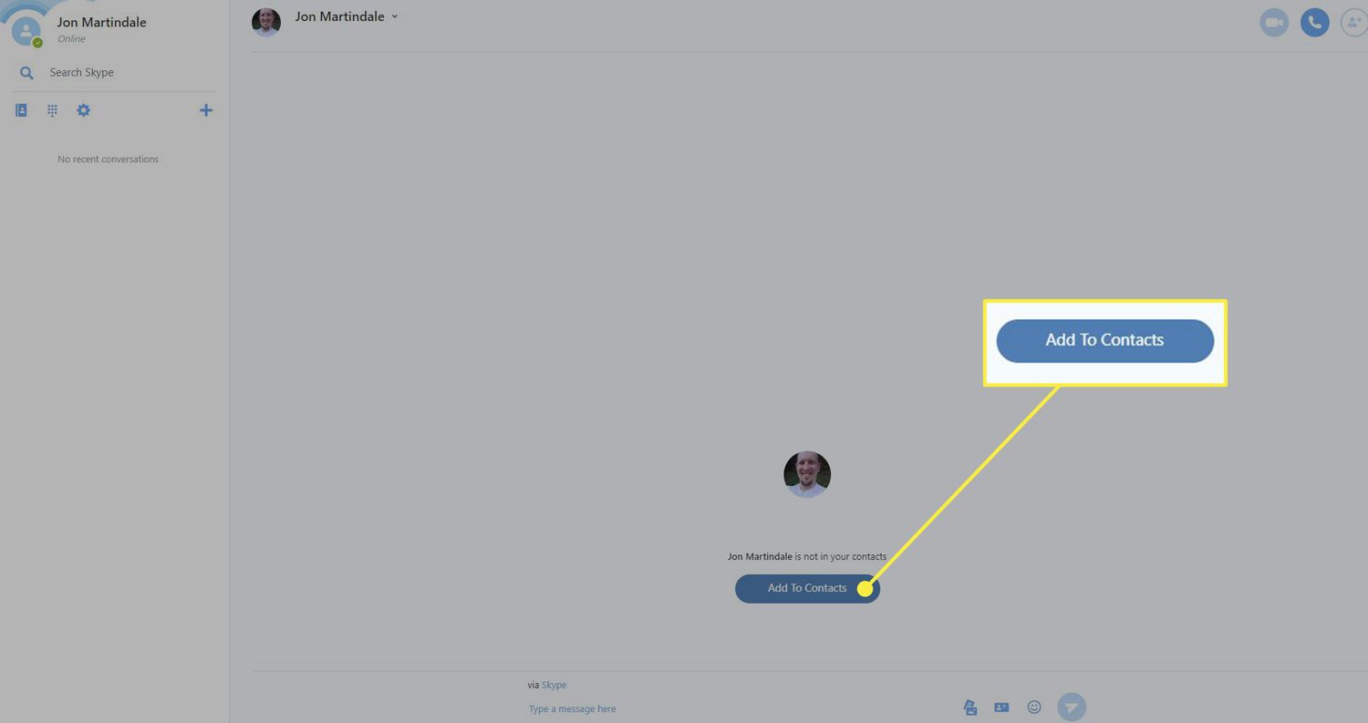 Een screenshot van Skype met de knop Toevoegen aan contacten gemarkeerd