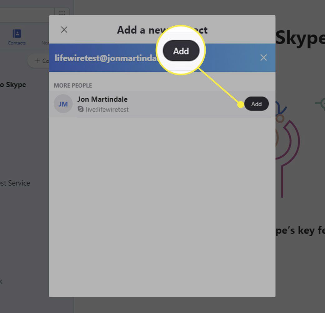 Een screenshot van Skype met de knop Toevoegen gemarkeerd