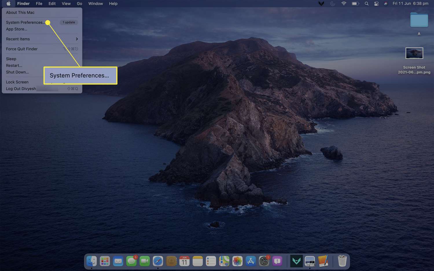 Mac-desktop met Apple-menu geopend en Systeemvoorkeuren gemarkeerd