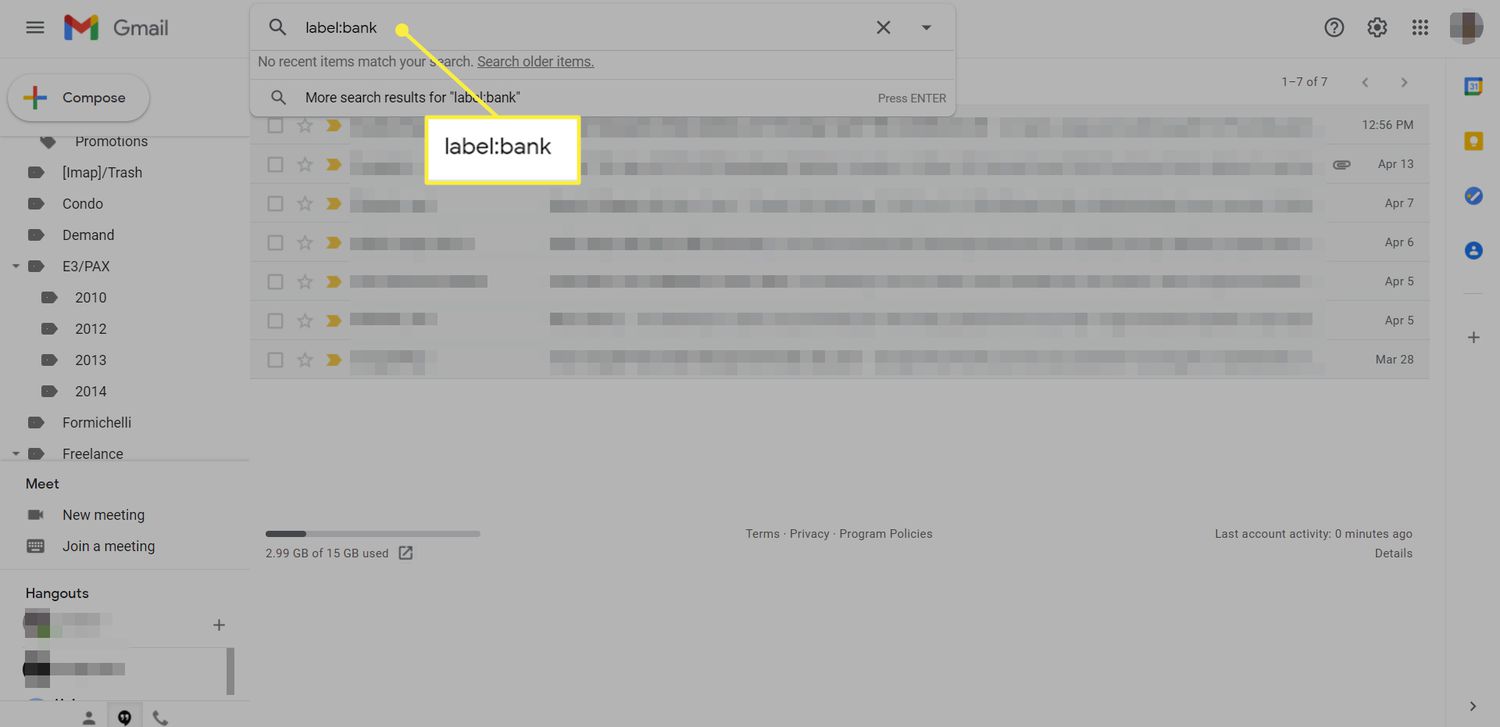 Een Gmail-inbox.  In het zoekveld staat 'Label:bank'.