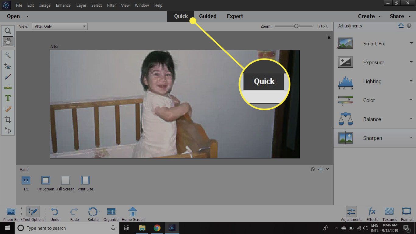 Een screenshot van Photoshop Elements met het tabblad Snel gemarkeerd