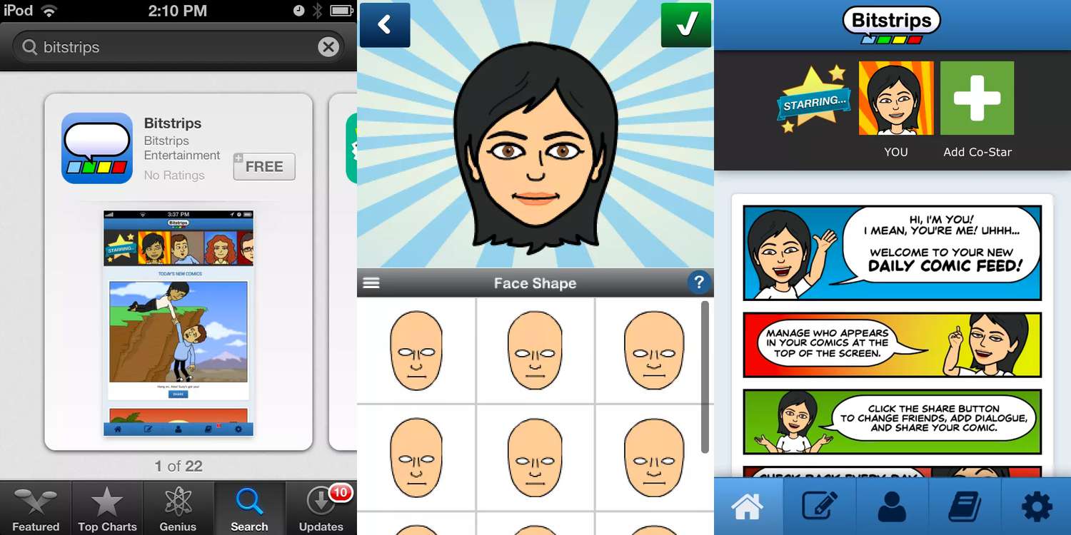 Downloadscherm, gezichtsvormscherm en startscherm voor de Bitstrips-app op iOS