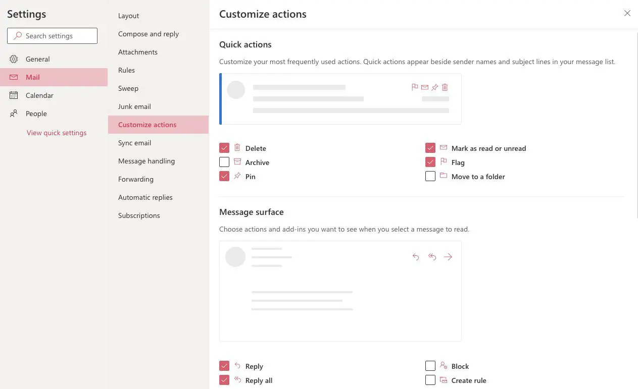 Screenshot van Outlook.com Mail Customize-acties