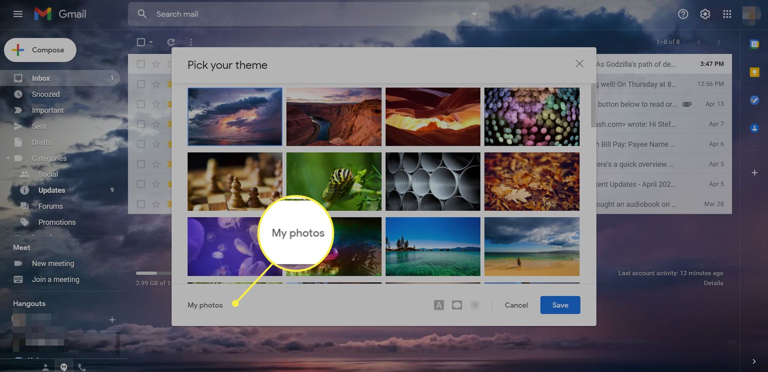 Het Gmail-themavenster met de optie 'Mijn foto's' gemarkeerd