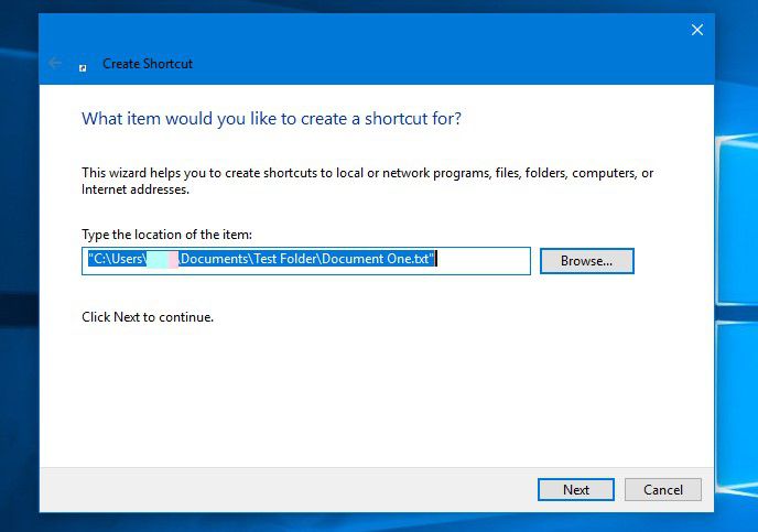 Itempad om bureaubladsnelkoppeling te maken op Windows 10