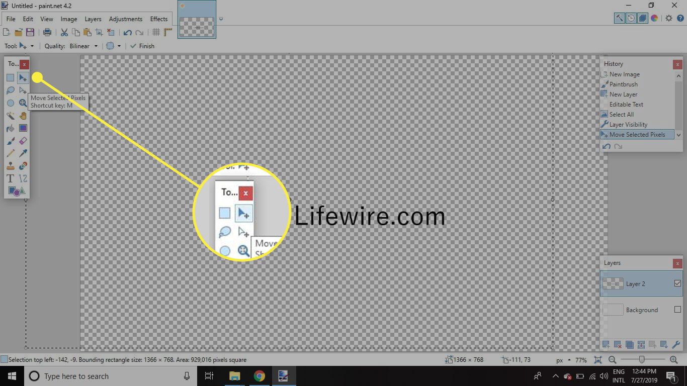 Een screenshot van Paint.NET met het gereedschap Verplaatsen gemarkeerd