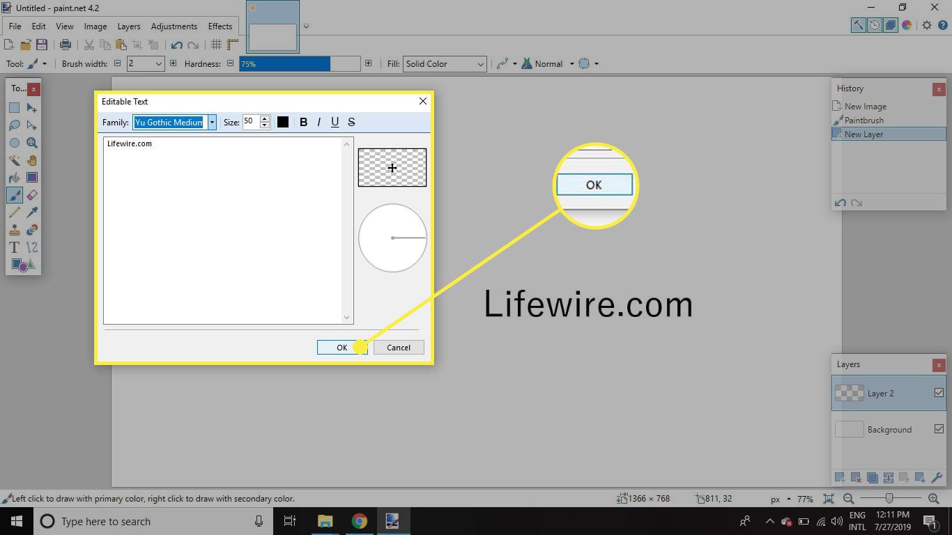 Een screenshot van het Paint.NET Editable Text-venster met de OK-knop gemarkeerd