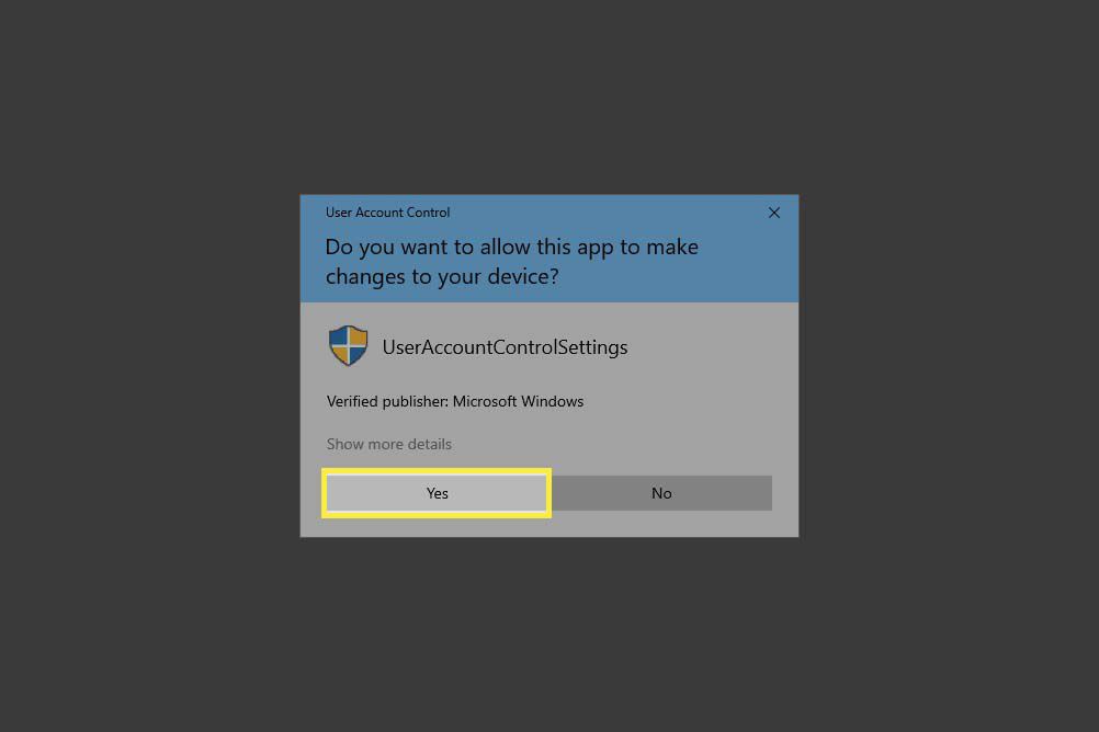 De knop Ja gemarkeerd in het bevestigingsvenster Gebruikersaccountbeheer in Windows 10.