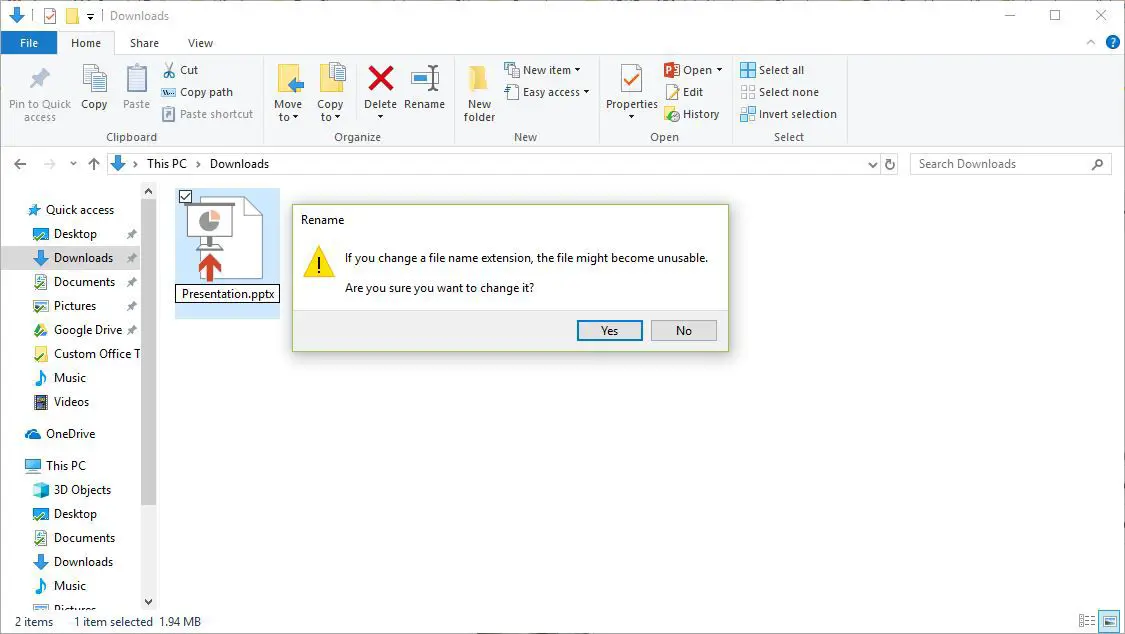 Screenshot van het wijzigen van de bestandsnaamextensie in Windows 10