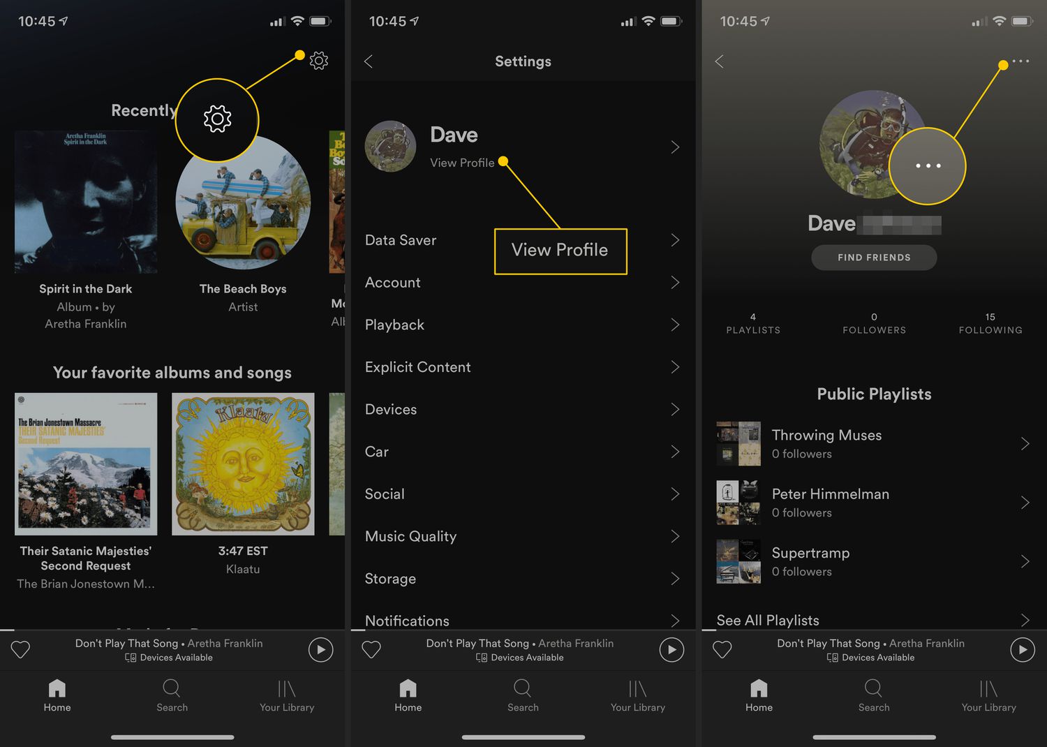 Tandwielpictogram, knop Profiel bekijken, menu met drie stippen in de mobiele Spotify-app
