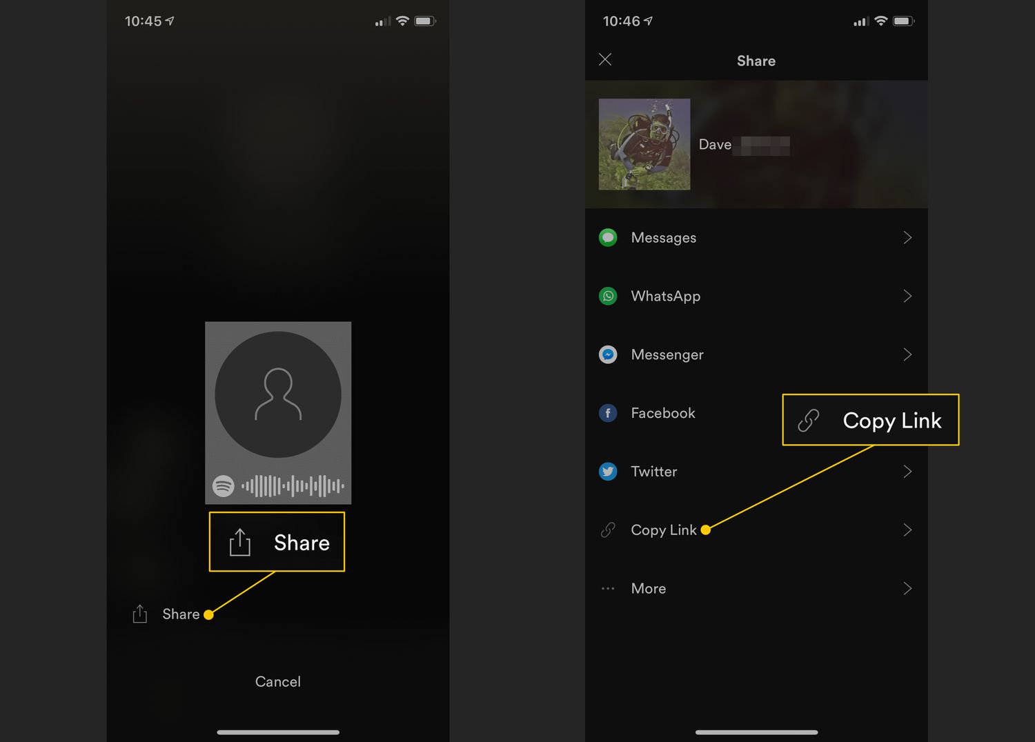 Share-knop, Copy Link-knop in Spotify mobiele app