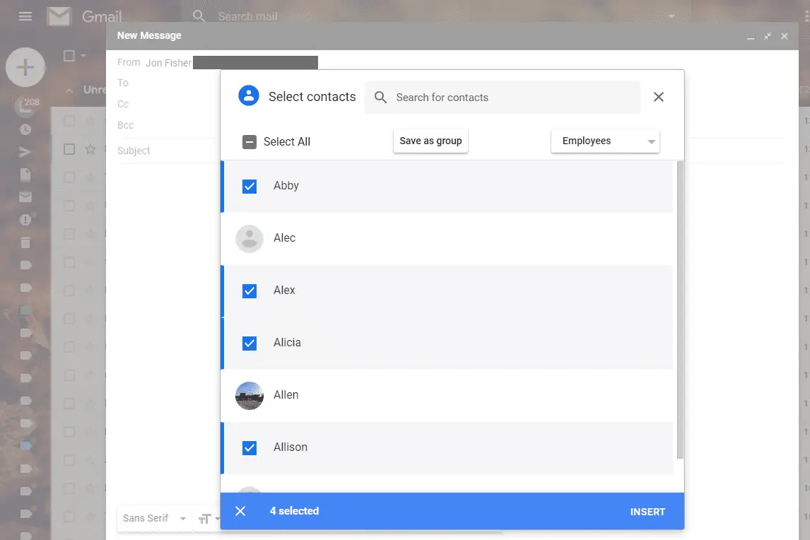 Screenshot die laat zien hoe adressen in Gmail-velden kunnen worden ingevoegd