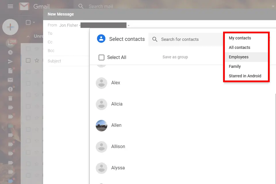 Screenshot die laat zien hoe je een groep Gmail-contacten selecteert voordat je een bericht verstuurt