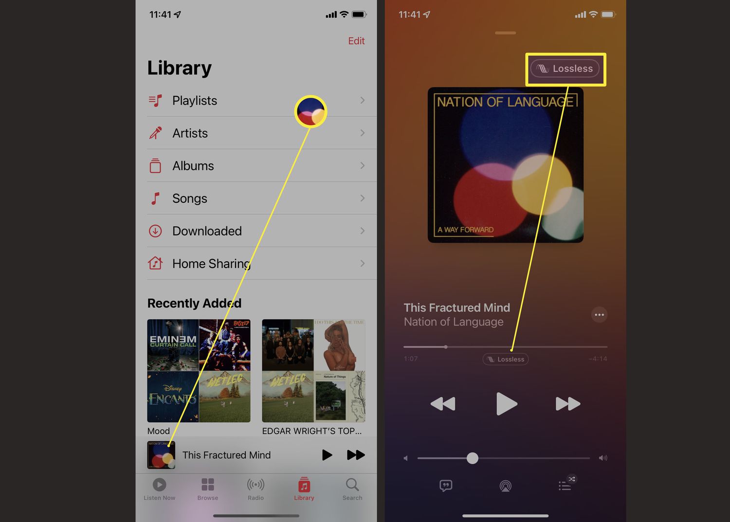 Vereiste stappen om details over een nummer in de Apple Music-app te bekijken.