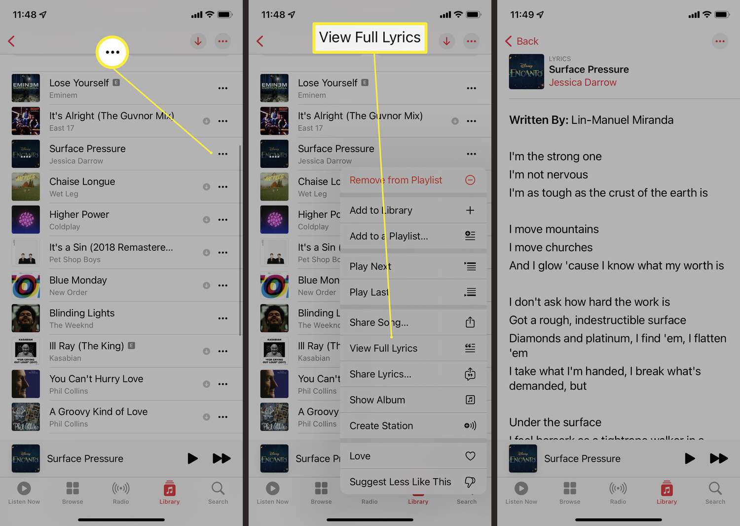 Stappen vereist om volledige songteksten te bekijken in de Apple Music-app.
