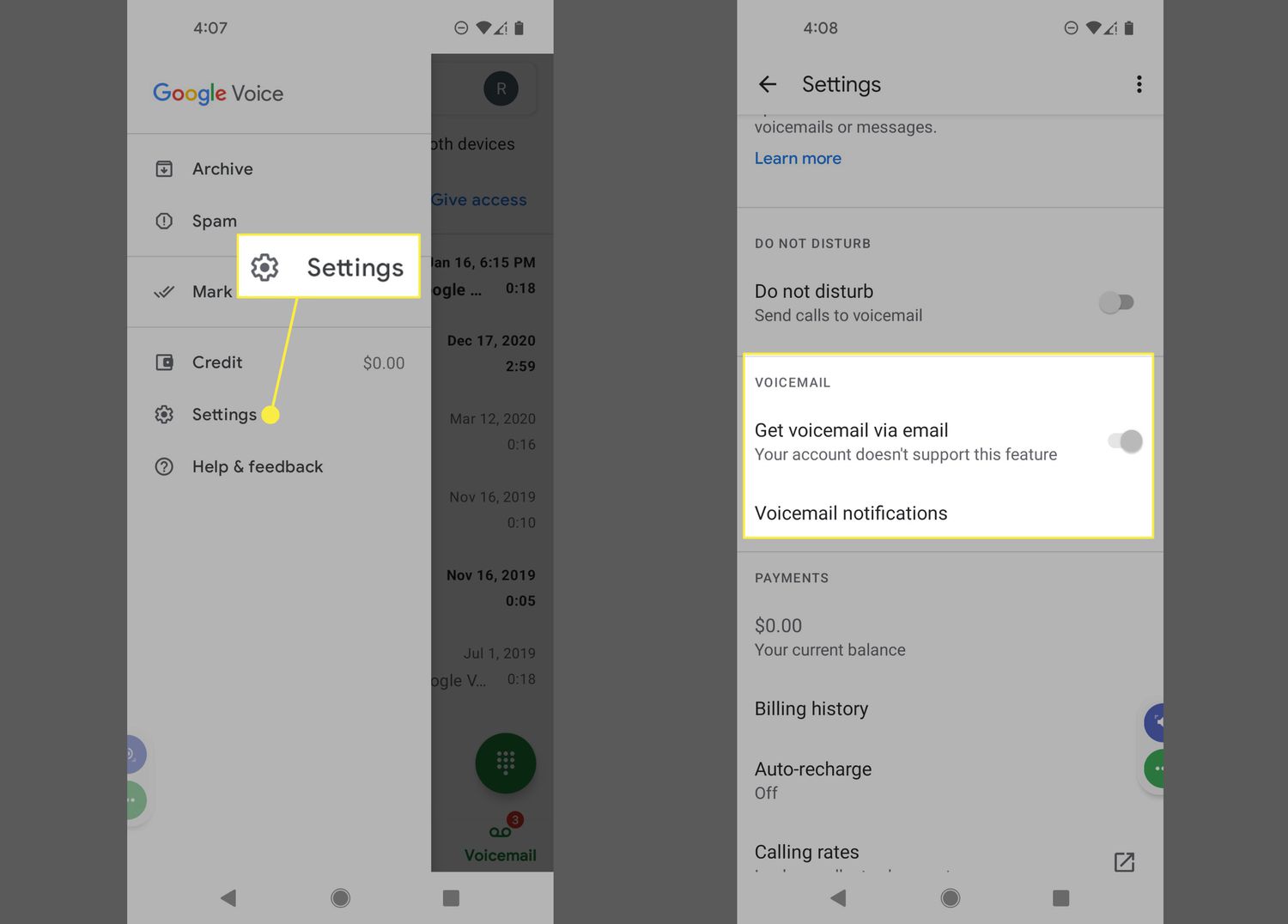 Instellingen en voicemailopties gemarkeerd in de Google Voice-app