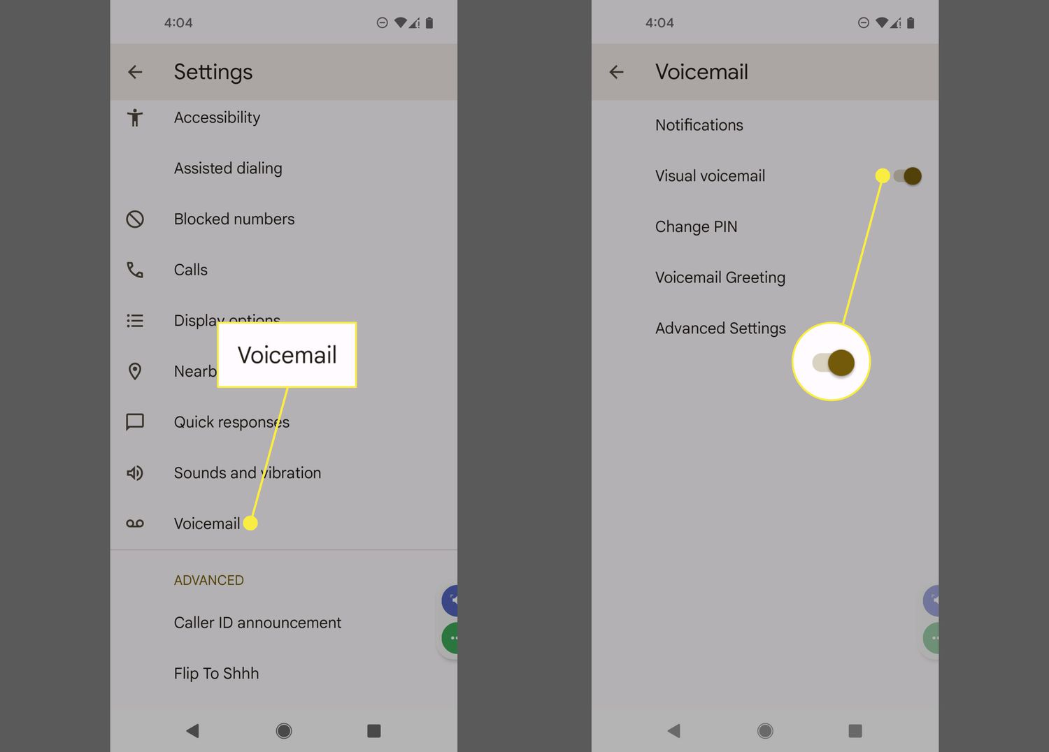 Voicemail en visuele voicemail Aan-schakelaar gemarkeerd in Android-instellingen