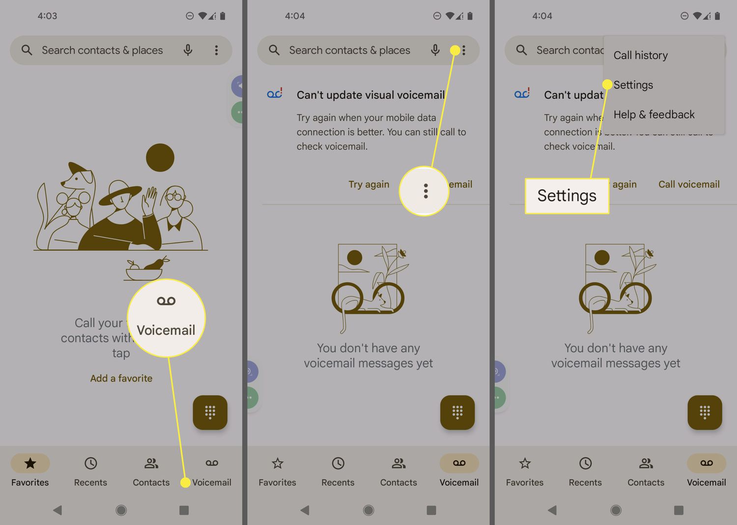 Android-telefoon met voicemailpictogram, menu met drie stippen en gemarkeerde instellingsopties