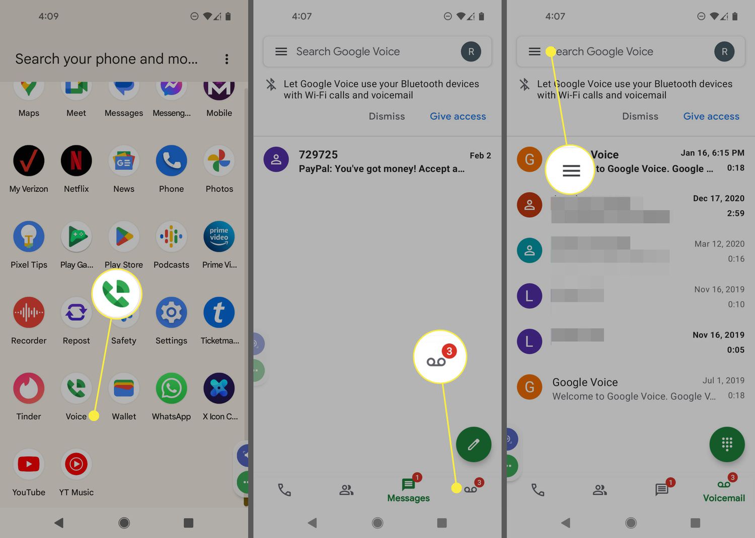 Google Voice-pictogram, Voicemail-pictogram en Menu-pictogram in de Google Voice-app