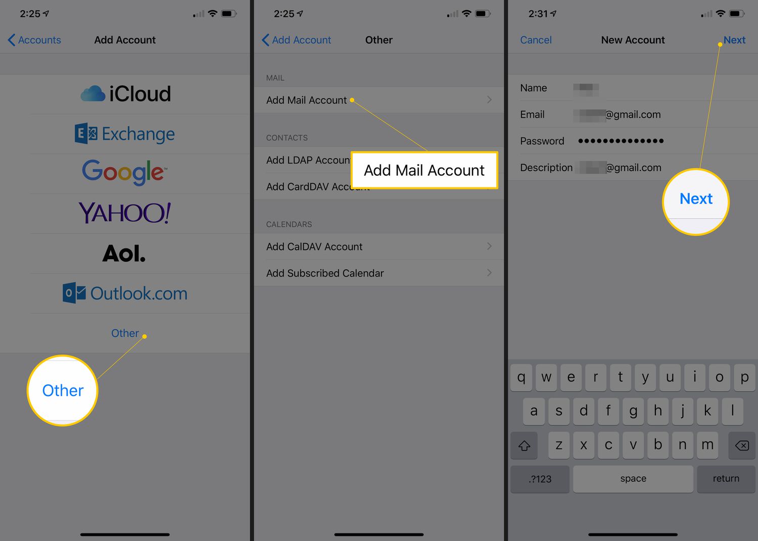 Ander account, Mail-account toevoegen en Volgende-knoppen in iOS-instellingen