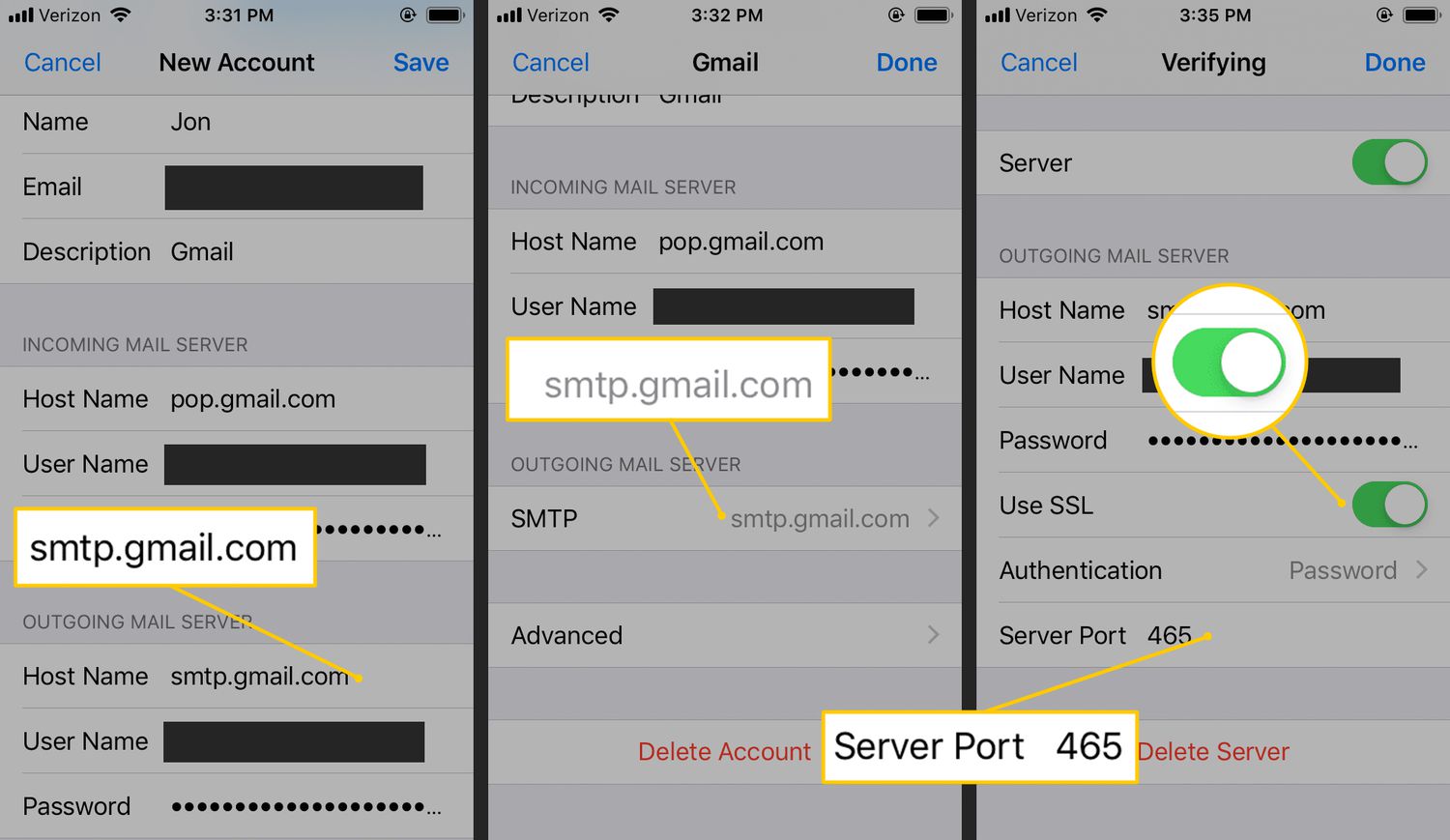 smtp.gmail.com, SSL-schakelaar AAN en Serverpoort 465 in iOS Gmail-instellingen